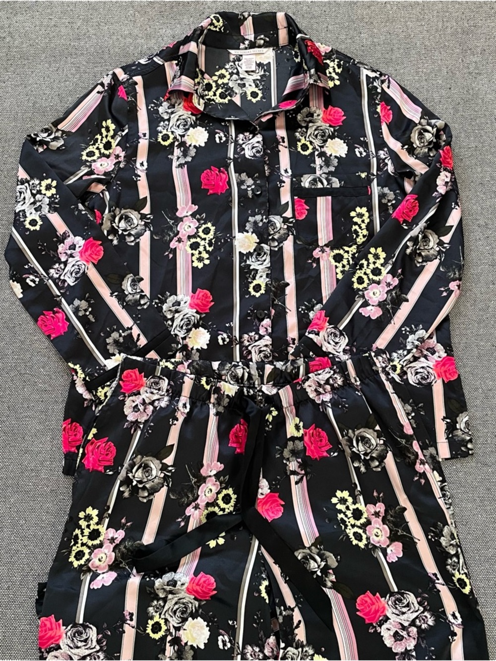 Victoria's Secret Black Floral Stripe Sleep Set with Pink and Yellow Accents